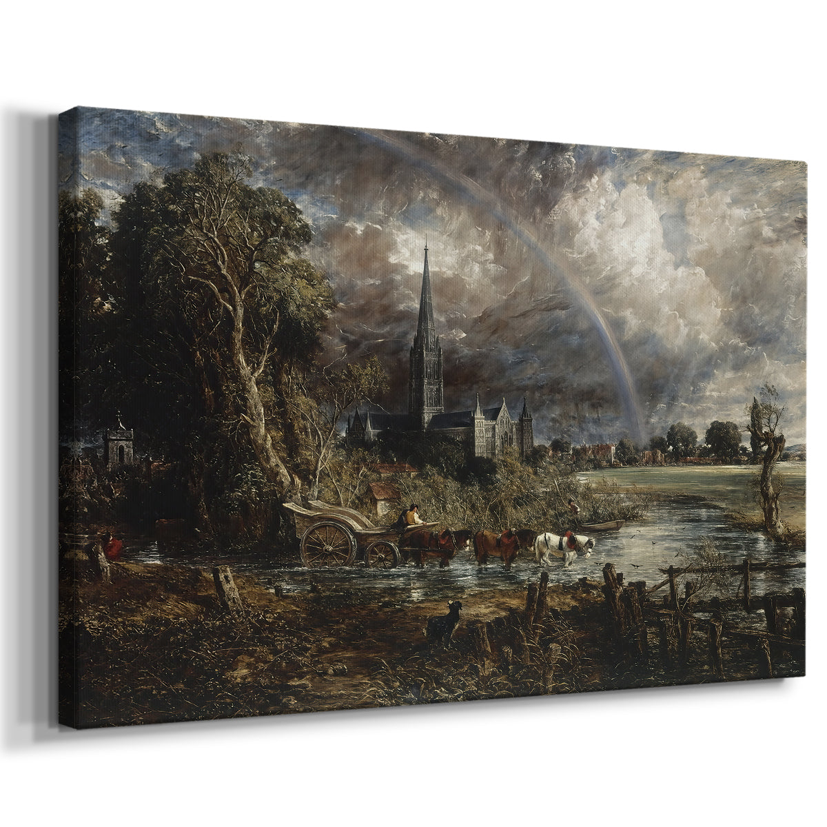 Canvas art print featuring a detailed architectural scene, displayed at an angle