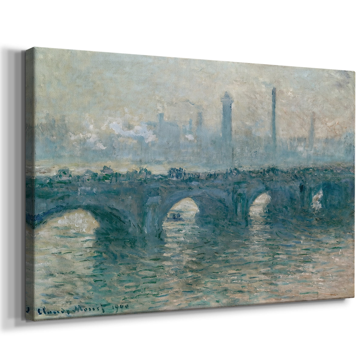 Canvas art print featuring an impressionist cityscape with bridge fading into fog over water, displayed at an angle