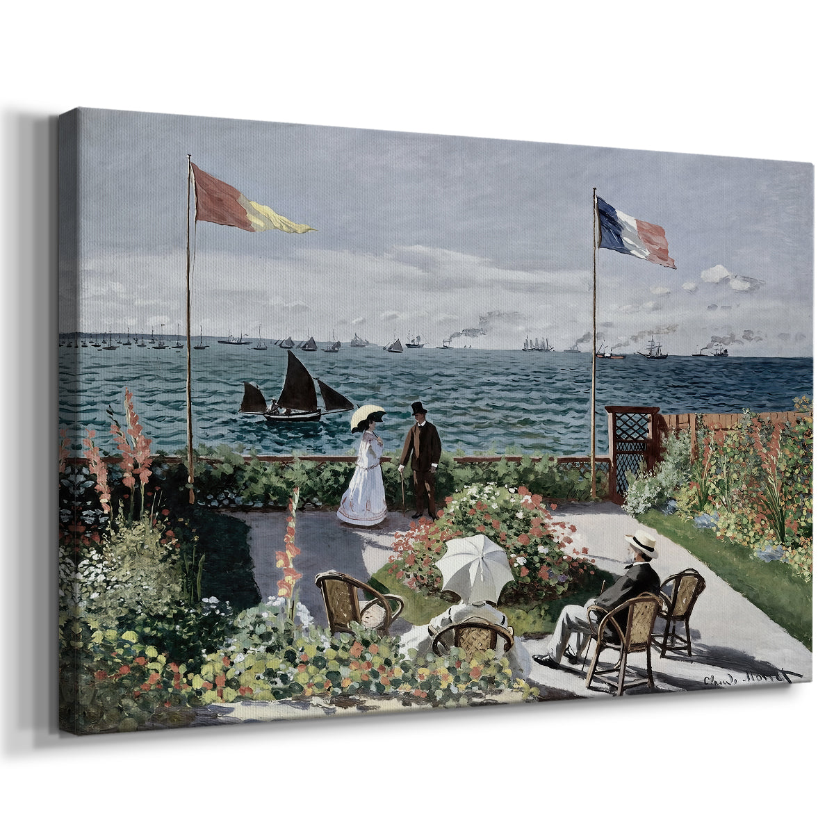 Canvas art print featuring an impressionist coastal garden with people and ocean view, displayed at an angle