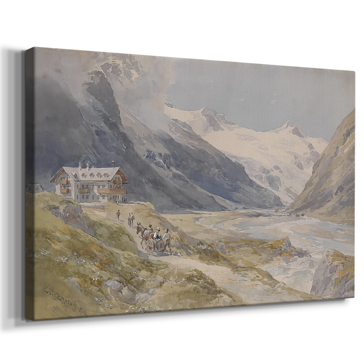 Canvas art print featuring a pastoral mountain scene with figures tending livestock, displayed at an angle