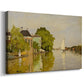Canvas art print featuring riverside homes with trees and mirrored reflections in water, displayed at an angle