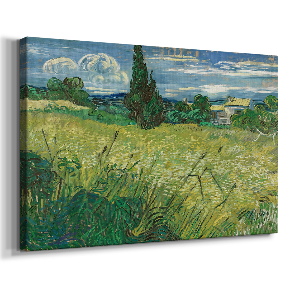 Canvas art print featuring an expressive rural landscape with strong vertical tree form, displayed at an angle