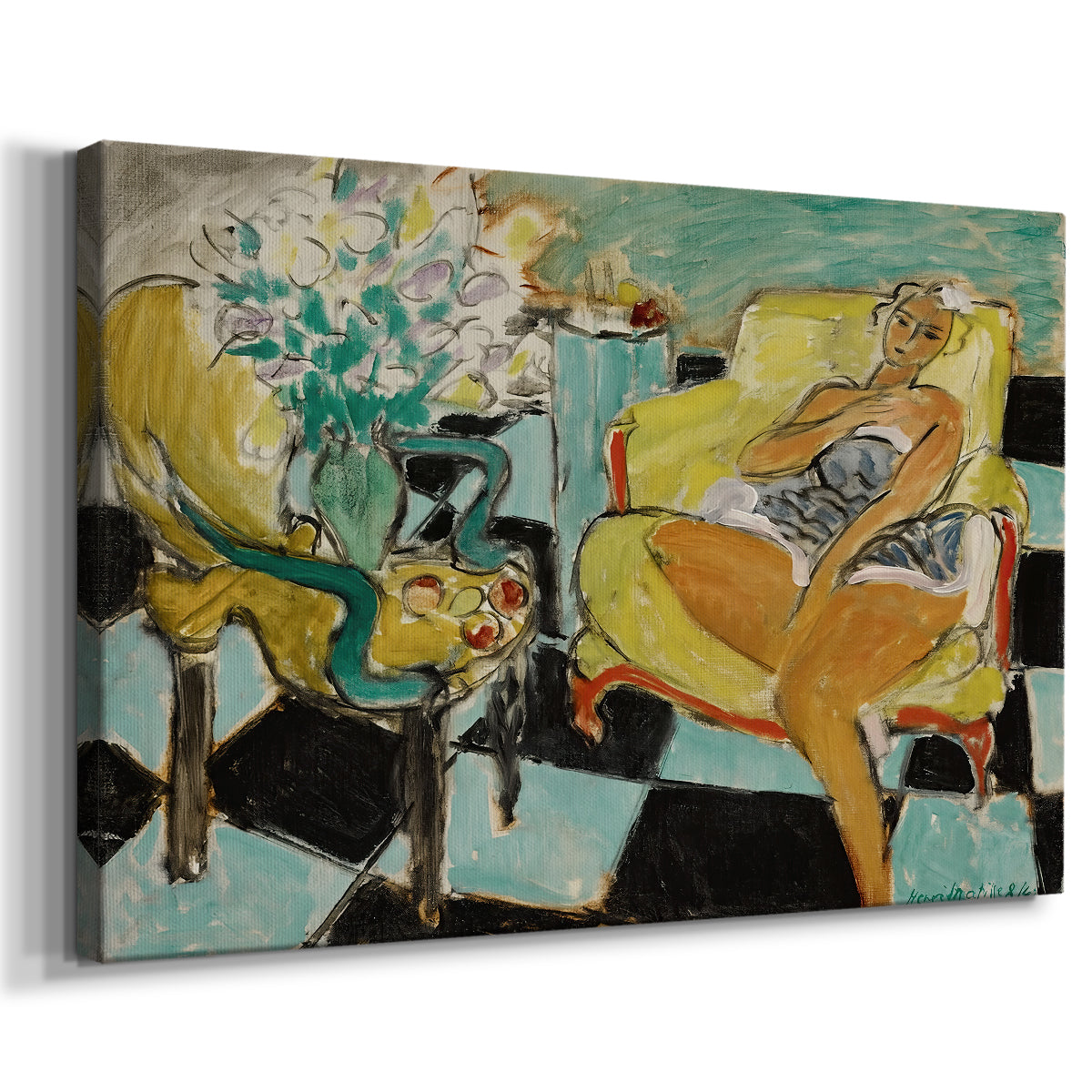 Canvas art print featuring an expressive portrait of a seated female figure with floral detail, displayed at an angle