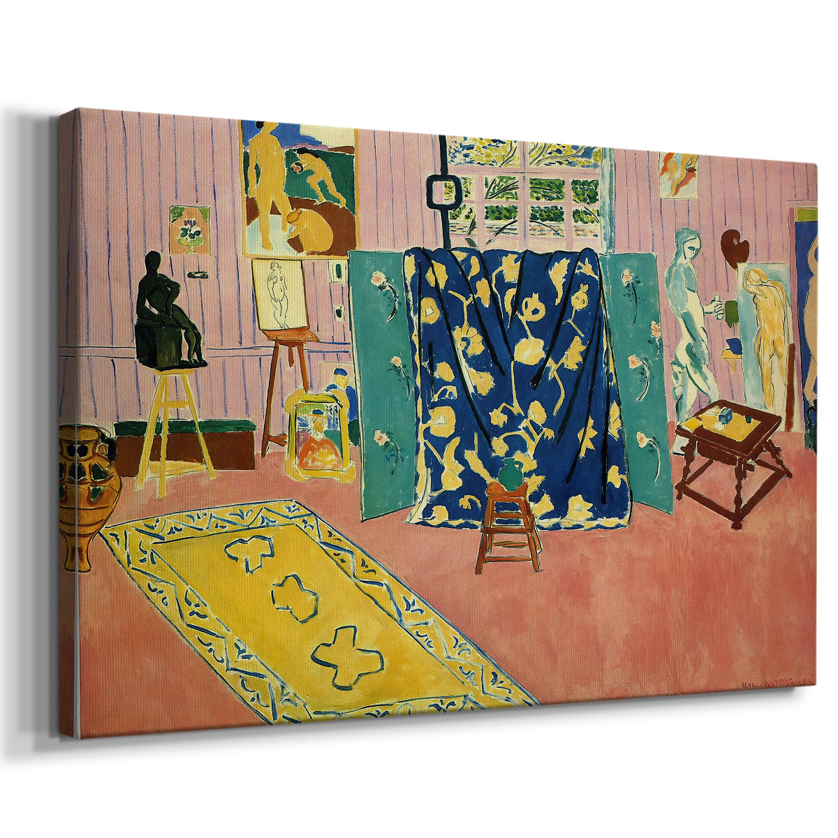 Canvas art print featuring a Fauvist artist studio with patterned walls, displayed at an angle