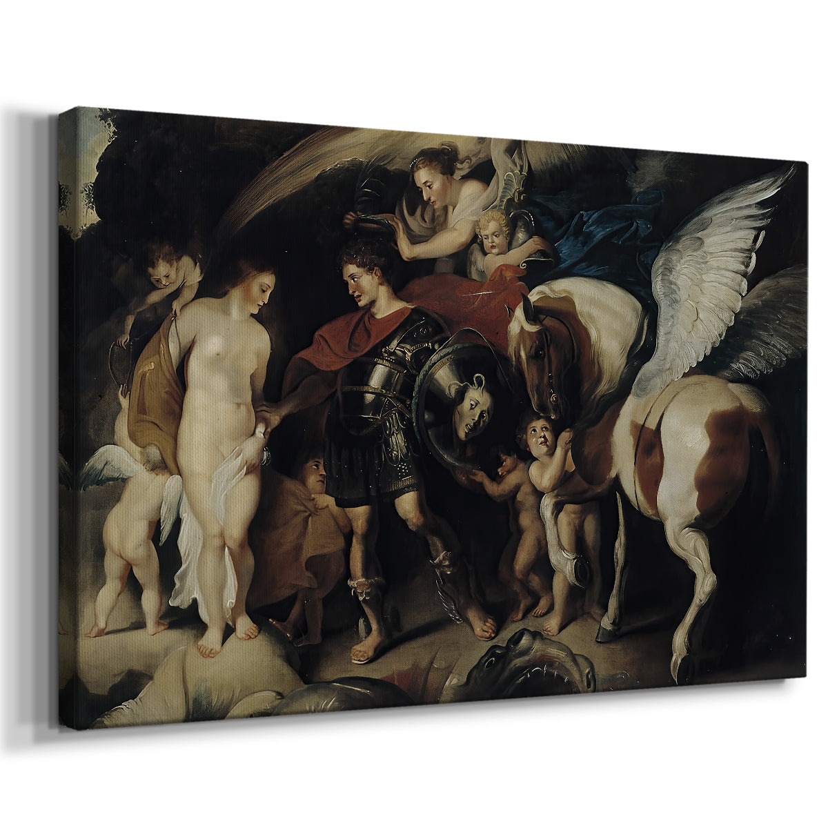 Canvas art print featuring a Baroque composition of heroic figure and bound woman, displayed at an angle