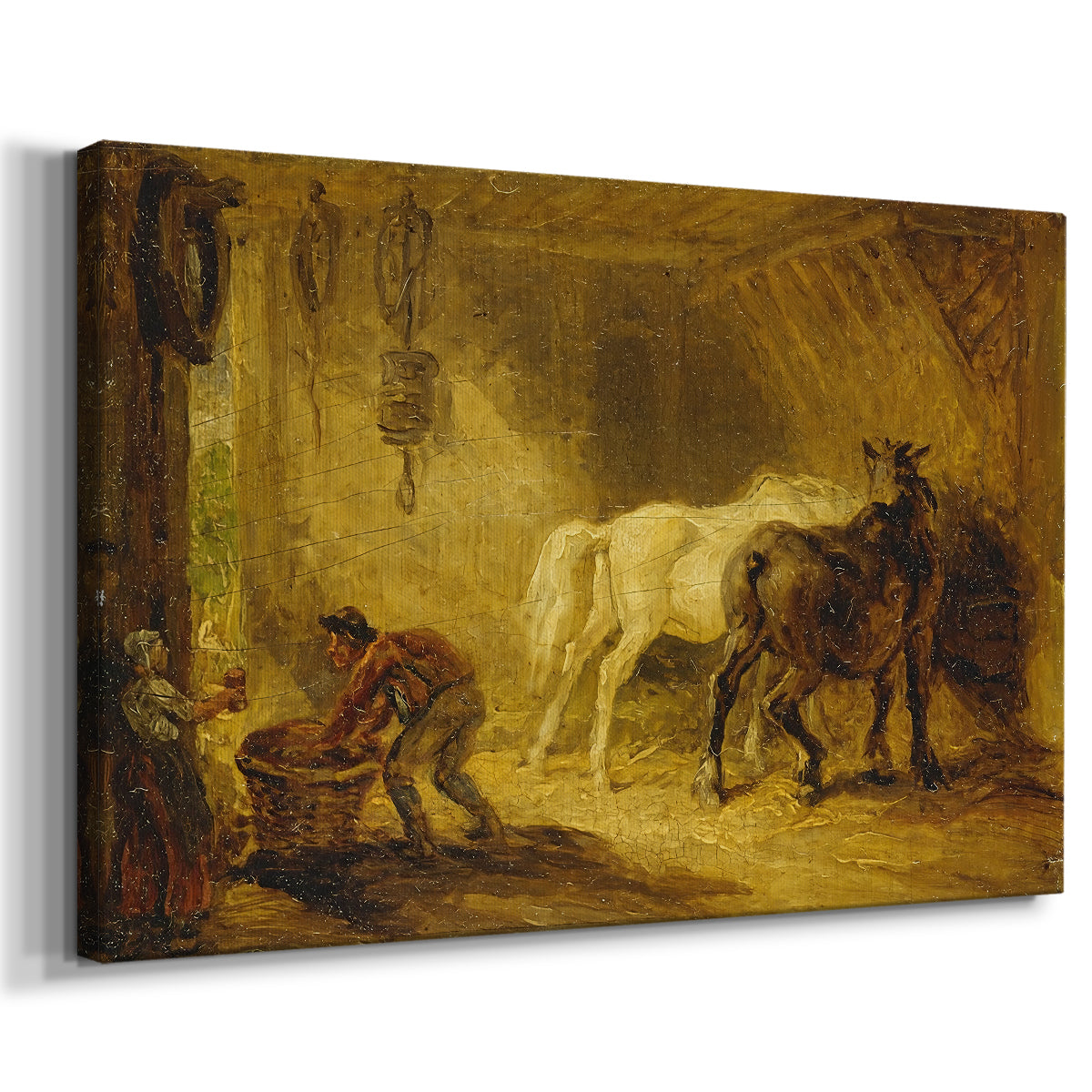 Canvas art print featuring a pastoral scene of sheep with young in natural setting, displayed at an angle