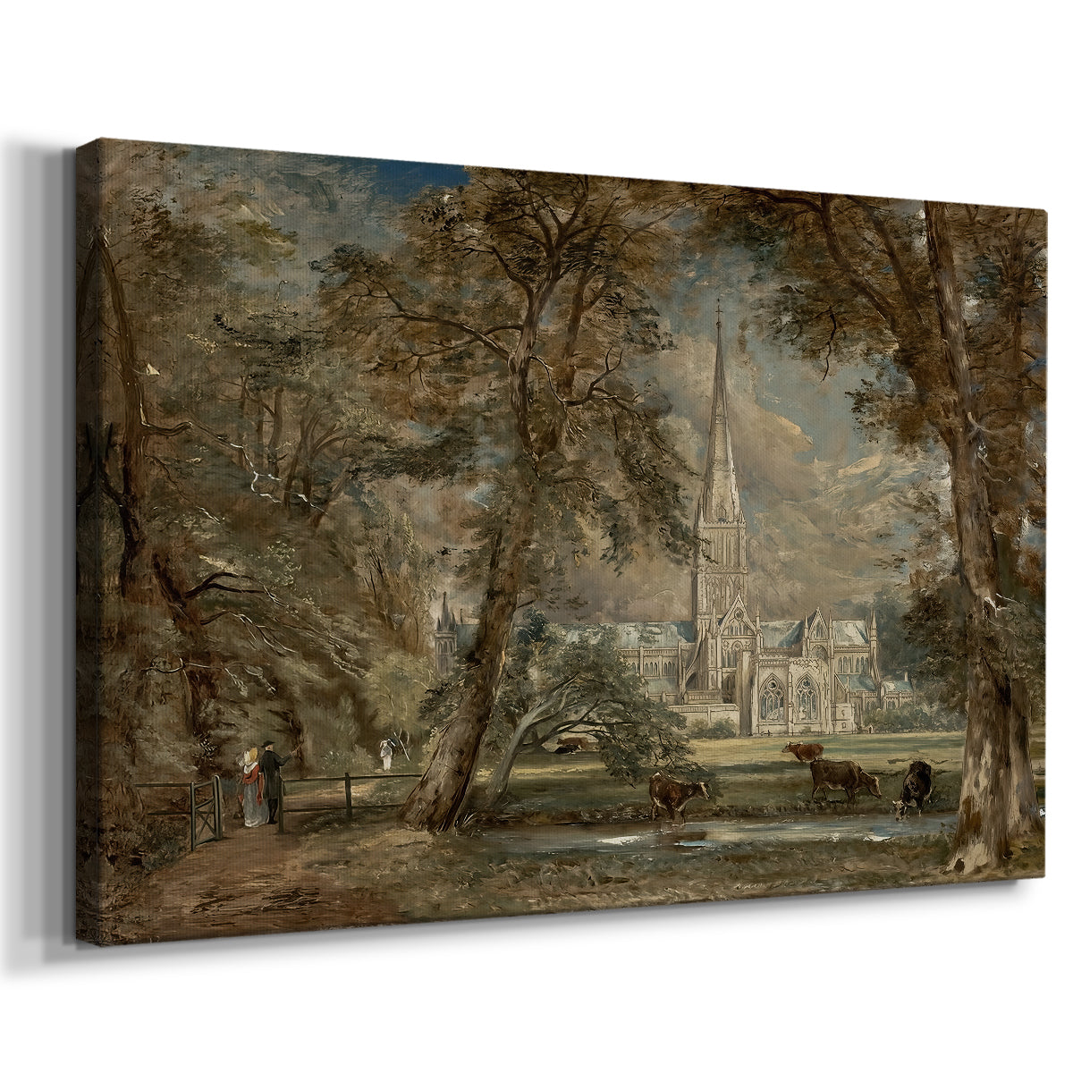 Canvas art print featuring an architectural landmark in countryside, displayed at an angle