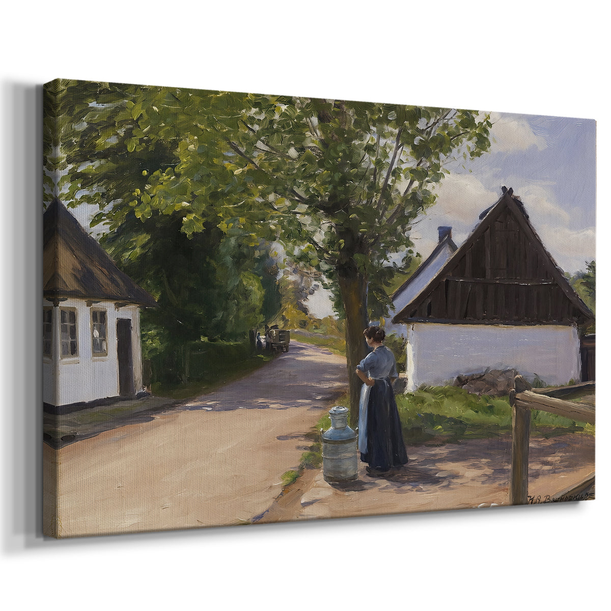 Canvas art print featuring an everyday rural interaction on quiet street with buildings, displayed at an angle