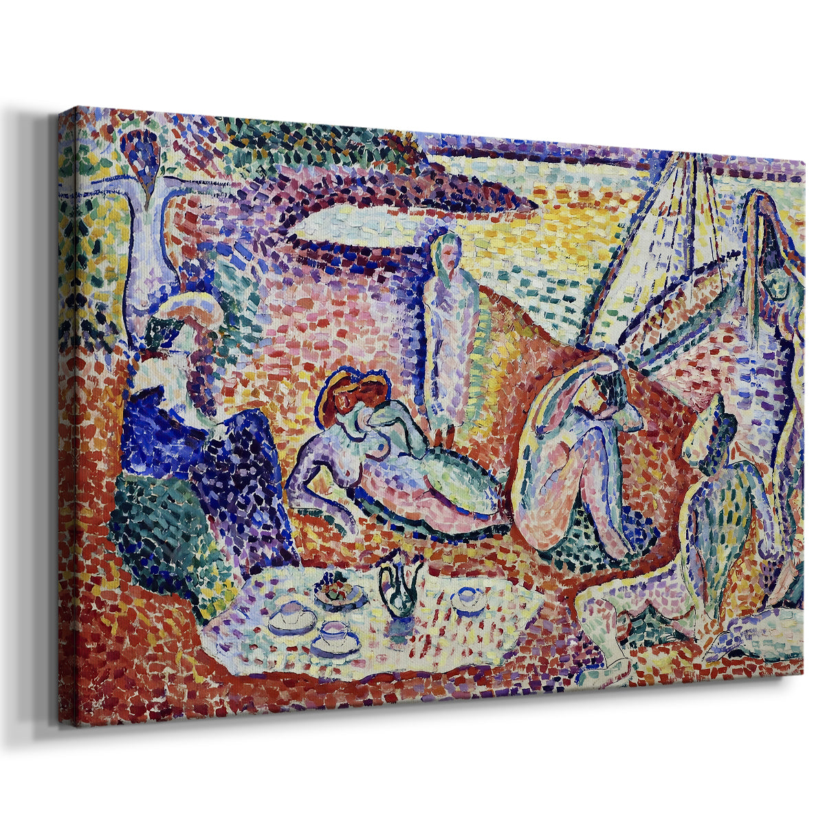 Canvas art print featuring a colorful leisure scene with figures in an open landscape, displayed at an angle