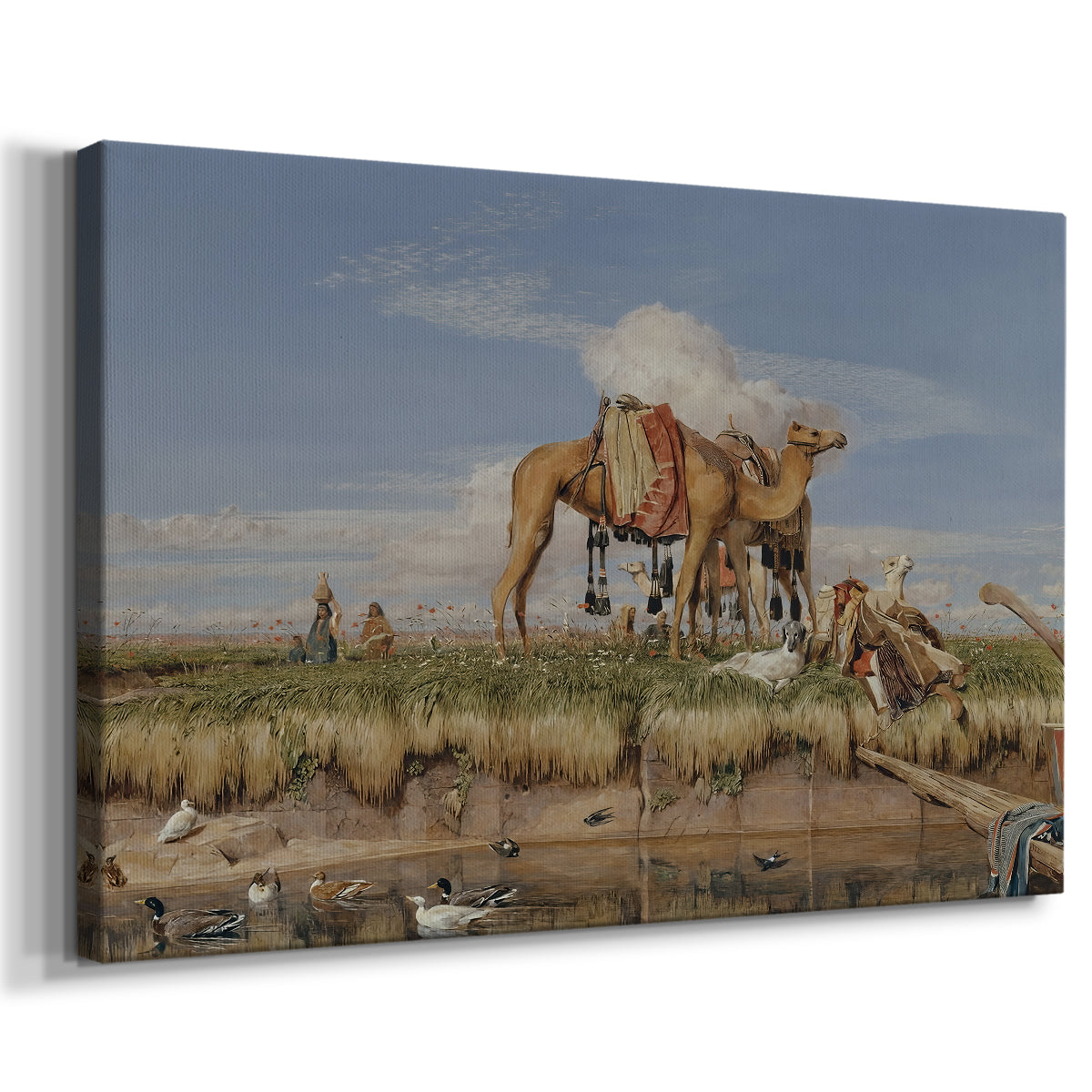 Canvas art print featuring a cultural scene near Nile with distant terrain, displayed at an angle