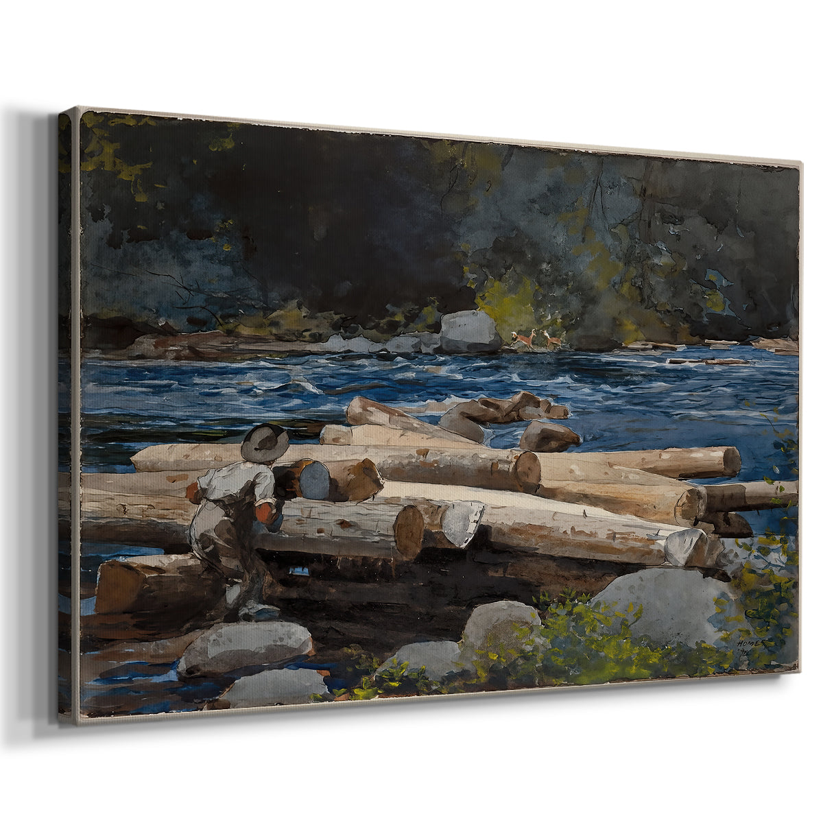 Canvas art print featuring an inland water scene with gentle current and surrounding land, displayed at an angle