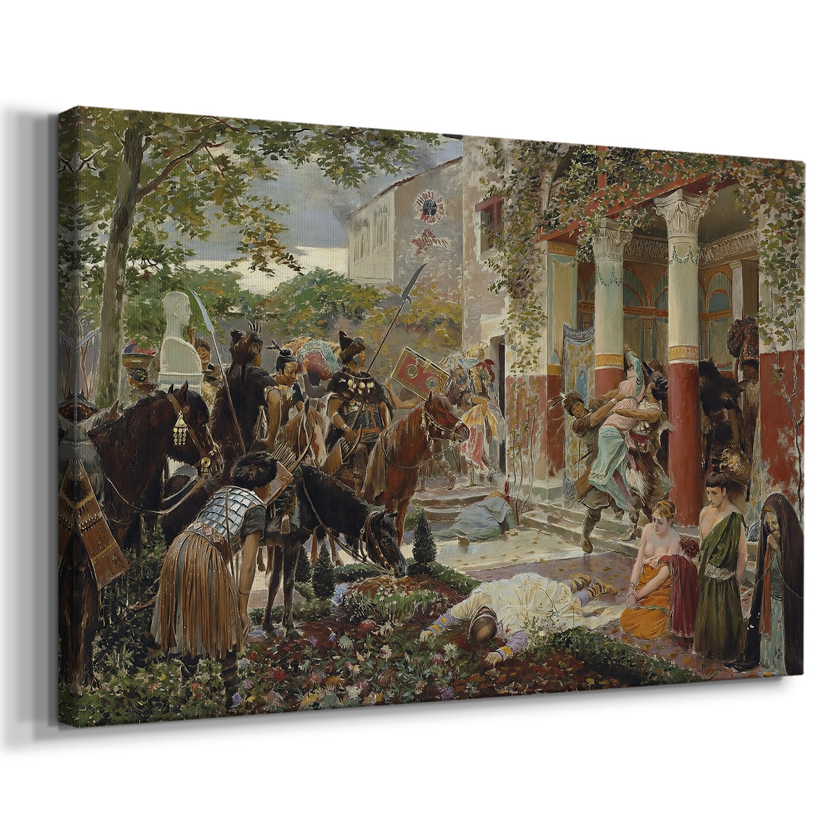 Canvas art print featuring a dramatic depiction of invasion with figures on horseback in motion, displayed at an angle