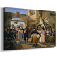 Canvas art print featuring a social gathering with figures seated around tables indoors, displayed at an angle