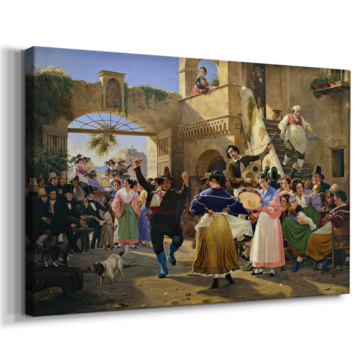 Canvas art print featuring a social gathering with figures seated around tables indoors, displayed at an angle