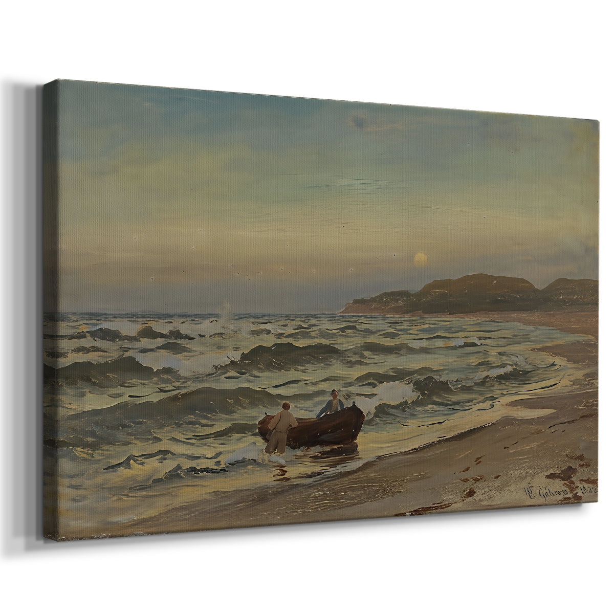 Canvas art print featuring a turbulent sea with strong wind and rough water near shoreline, displayed at an angle