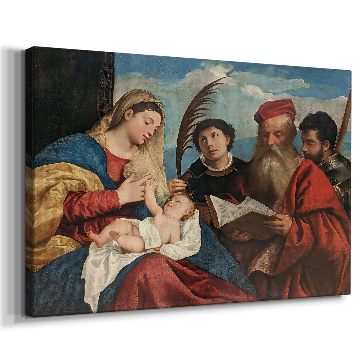 Canvas art print featuring a religious scene with saints flanking mother and child, displayed at an angle