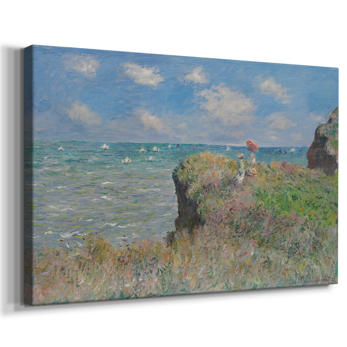 Canvas art print featuring an impressionist seaside landscape with people strolling above water, displayed at an angle