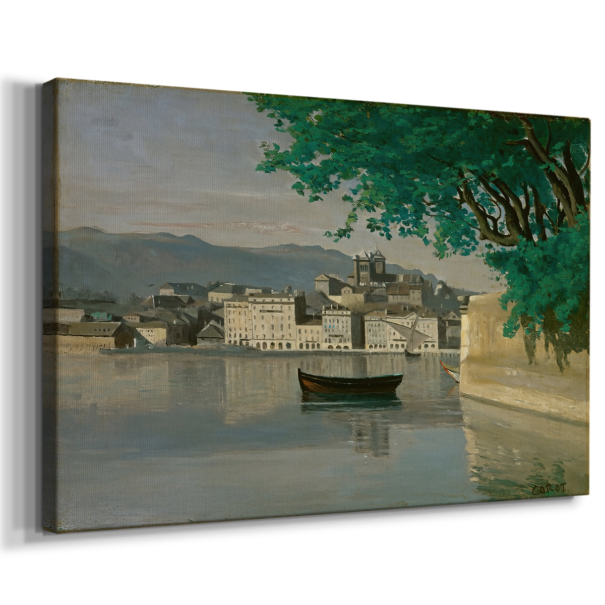 Canvas art print featuring a serene urban landscape with shoreline and architecture, displayed at an angle