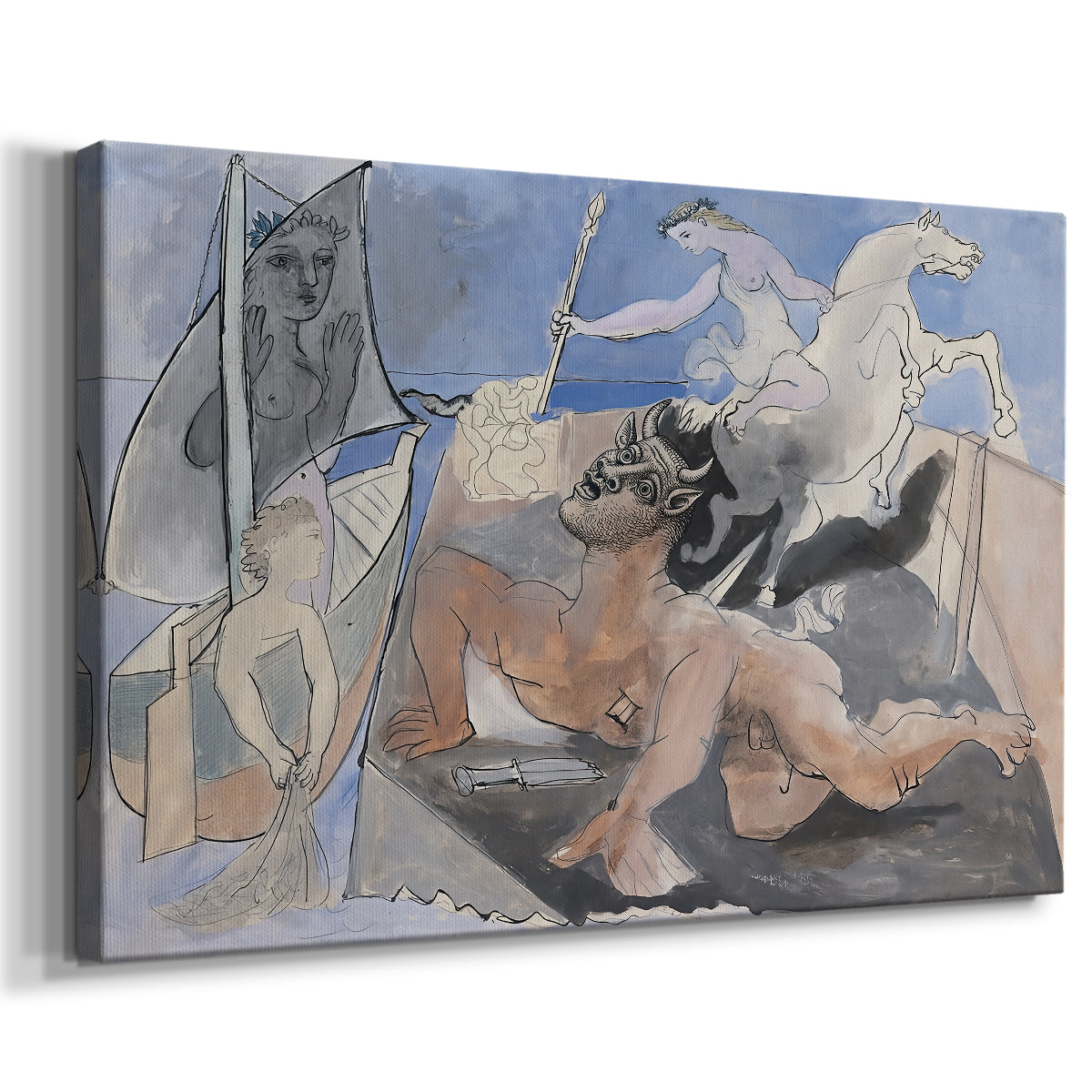 Canvas art print featuring a symbolic hybrid creature scene, displayed at an angle