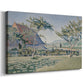 Canvas art print featuring a pointillist countryside scene with architecture and open field, displayed at an angle