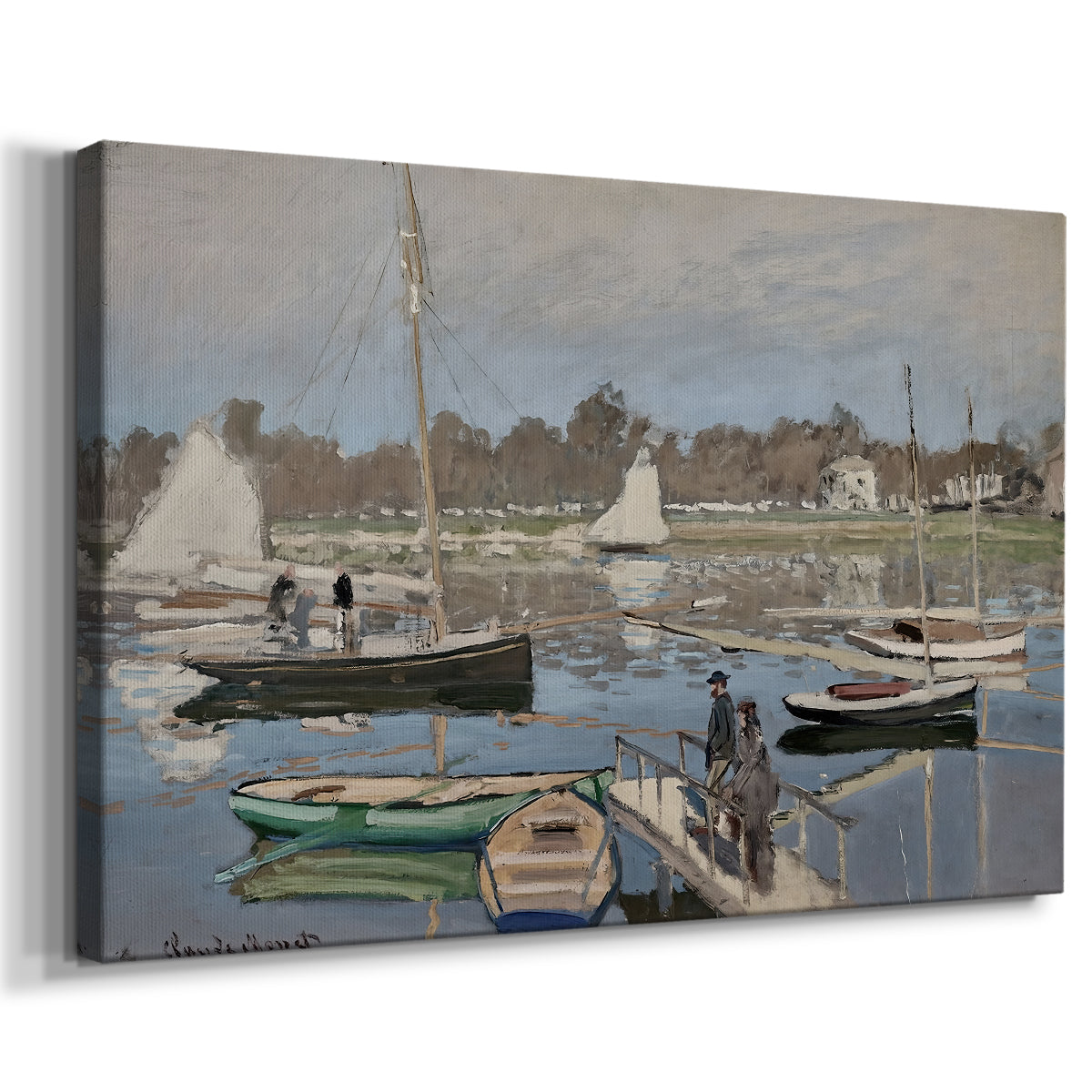Canvas art print featuring an impressionist boating scene with clustered masts and gentle ripples, displayed at an angle