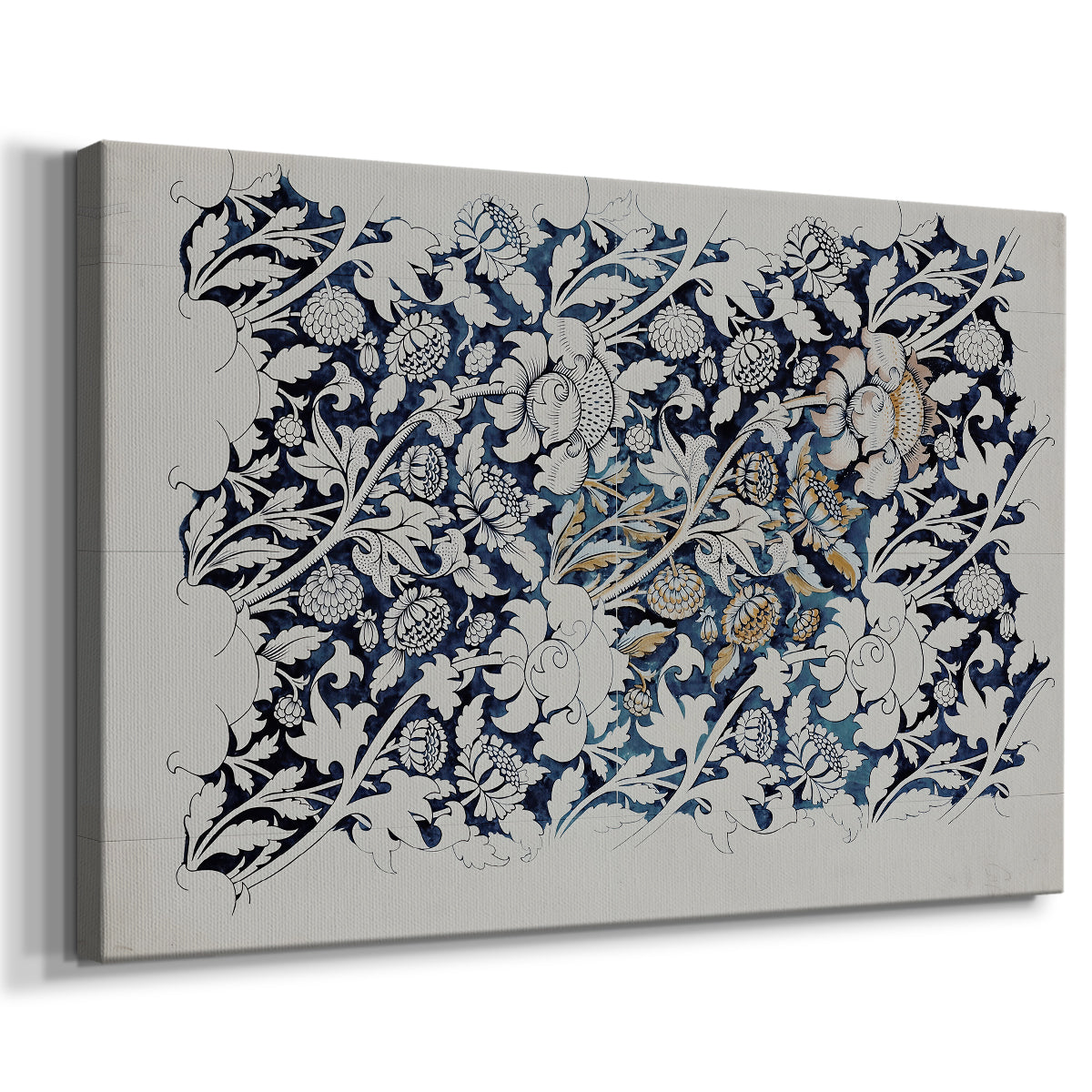Canvas art print featuring a textile pattern with organic vine movement and spaced flowers, displayed at an angle