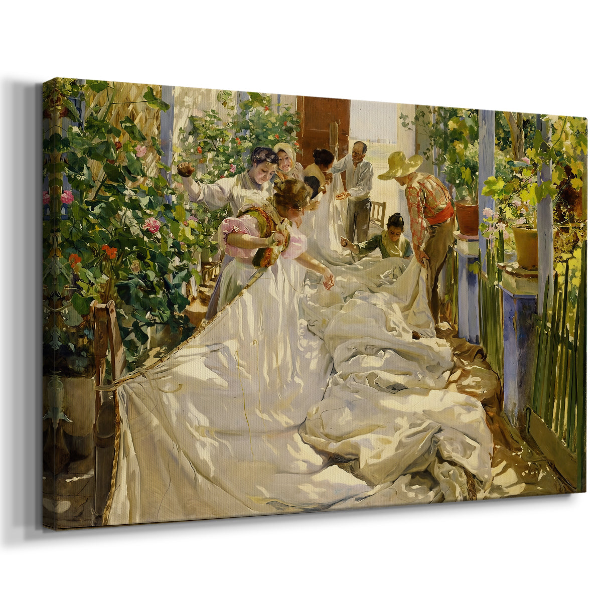 Canvas art print featuring a coastal labor scene with people handling fabric near shore, displayed at an angle