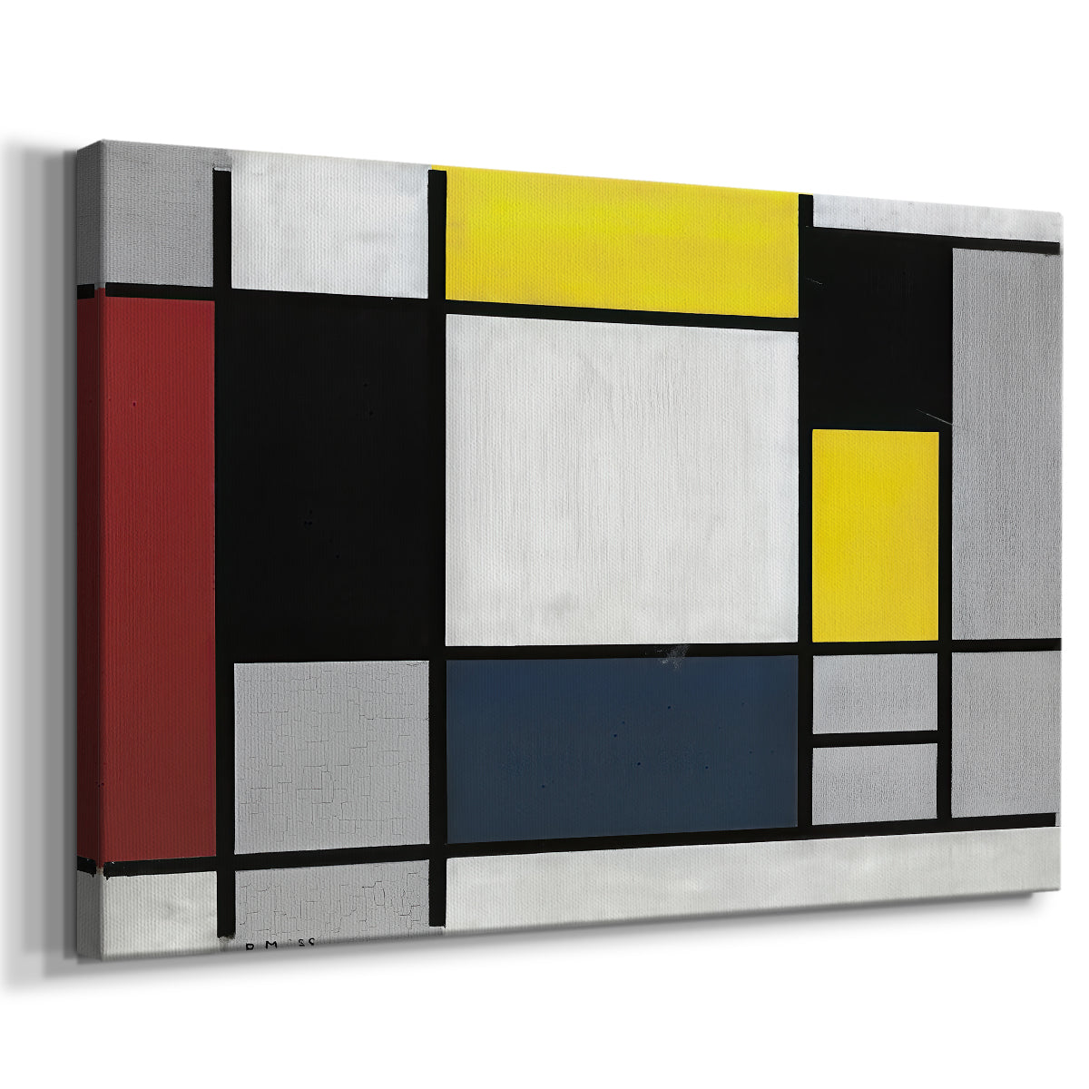 Canvas art print featuring an abstract geometric composition with balanced color blocks, displayed at an angle