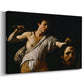 Canvas art print featuring a biblical scene of David gripping Goliath's head with dramatic lighting, displayed at an angle