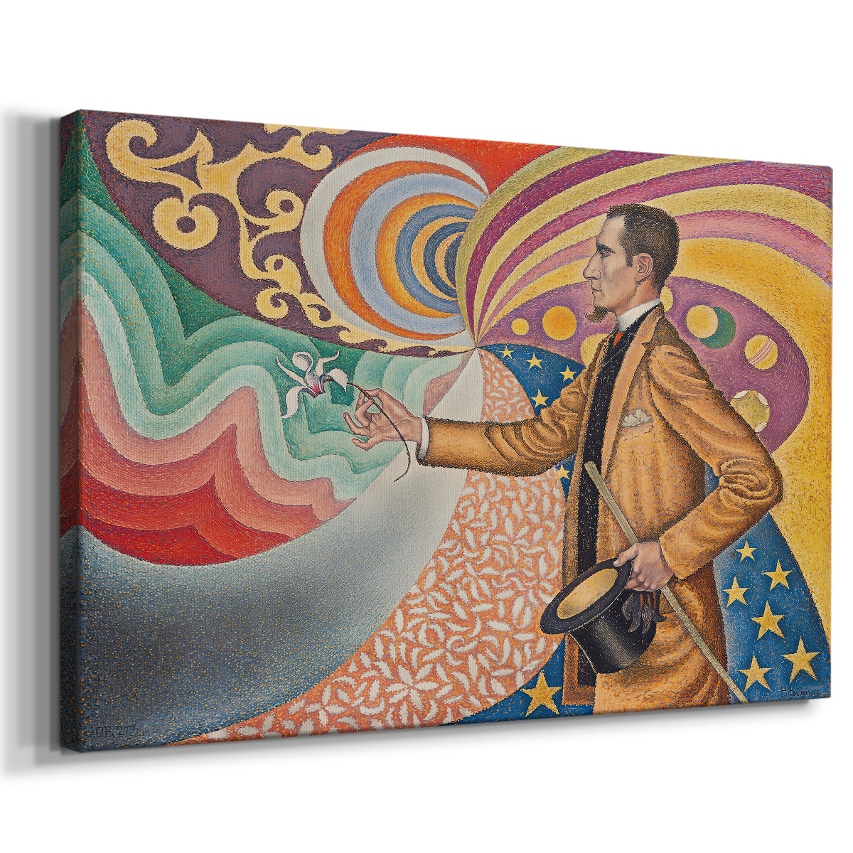 Canvas art print featuring a pointillist portrait with bold color, displayed at an angle
