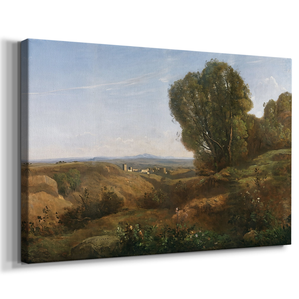 Canvas art print featuring an atmospheric countryside scene with muted tones, displayed at an angle