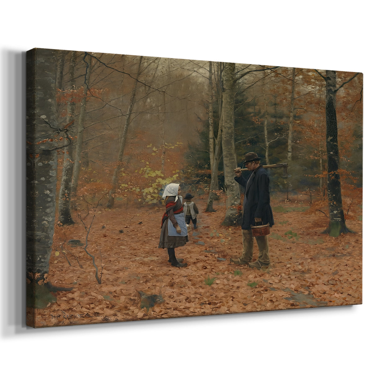 Canvas art print featuring a rural family moving along wooded path in natural setting, displayed at an angle