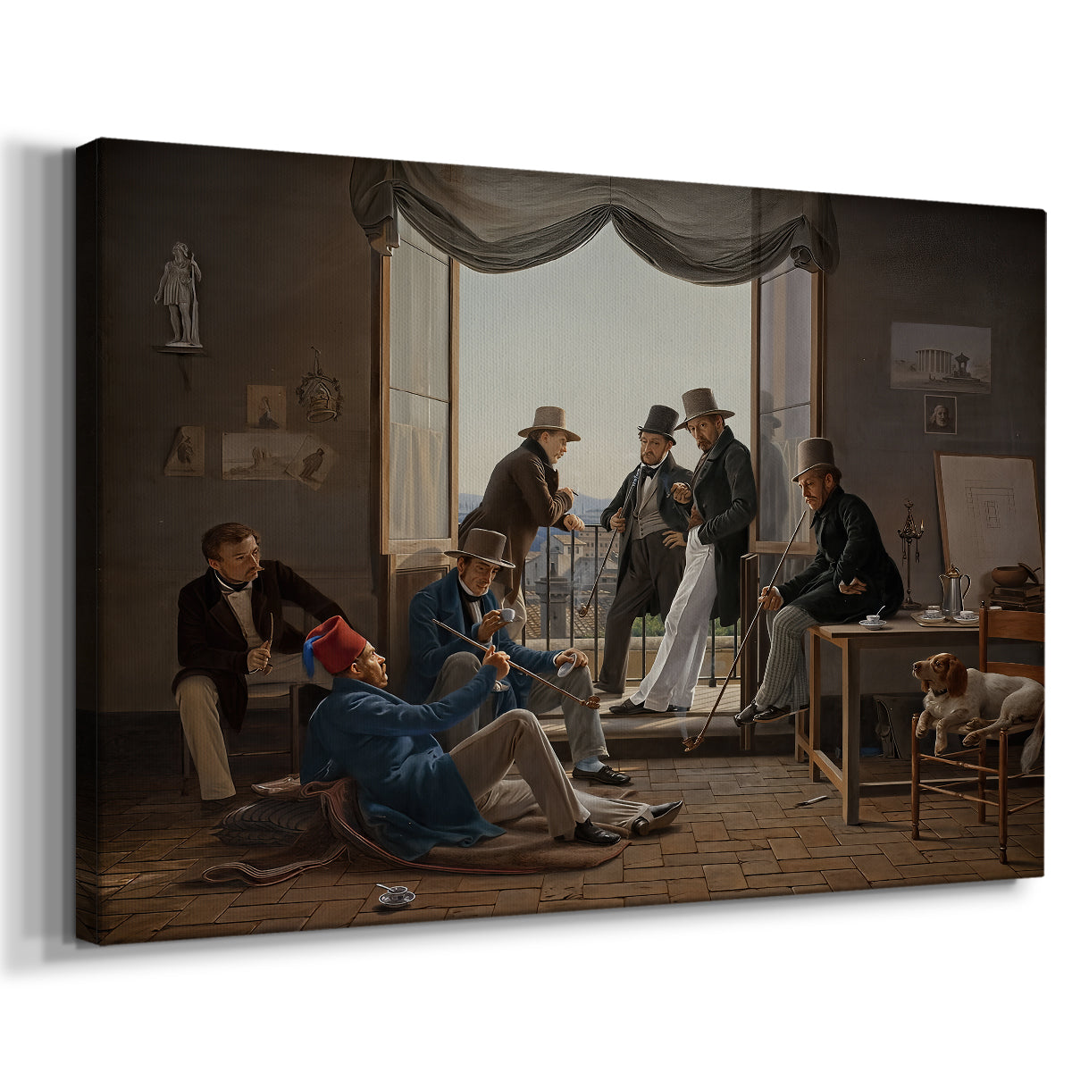 Canvas art print featuring a portrait of artists seated and standing together in interior space, displayed at an angle