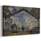 Canvas art print featuring an impressionist scene of trains and smoke inside busy railway station, displayed at an angle