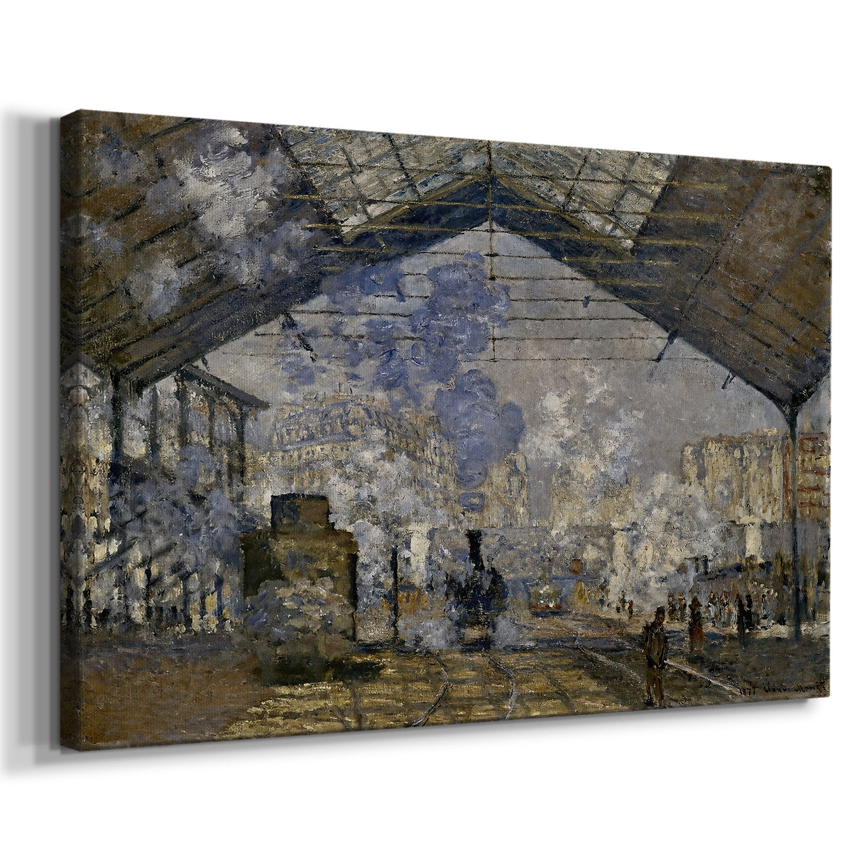 Canvas art print featuring an impressionist scene of trains and smoke inside busy railway station, displayed at an angle
