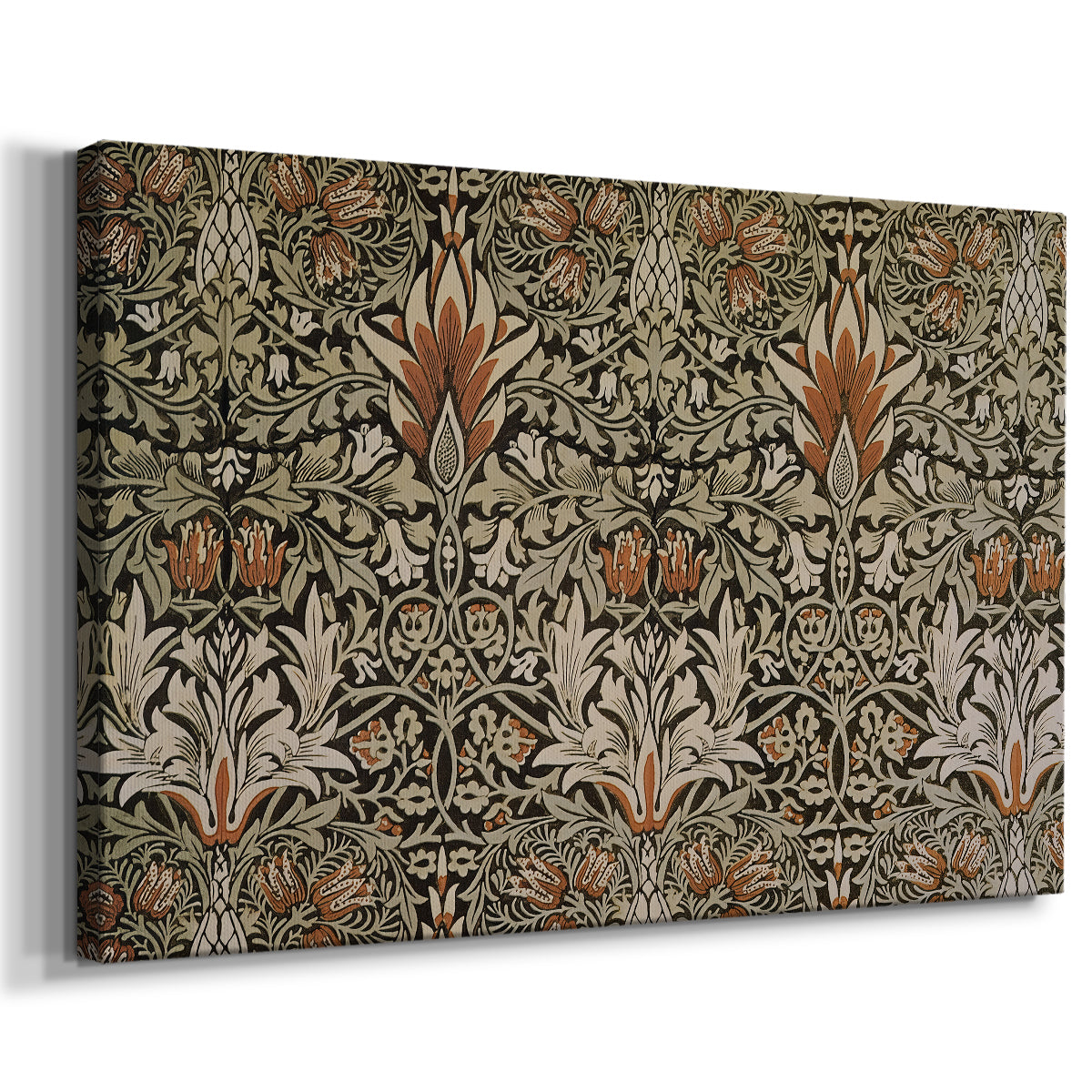 Canvas art print featuring a decorative textile with stylized flowers arranged in vertical rhythm, displayed at an angle