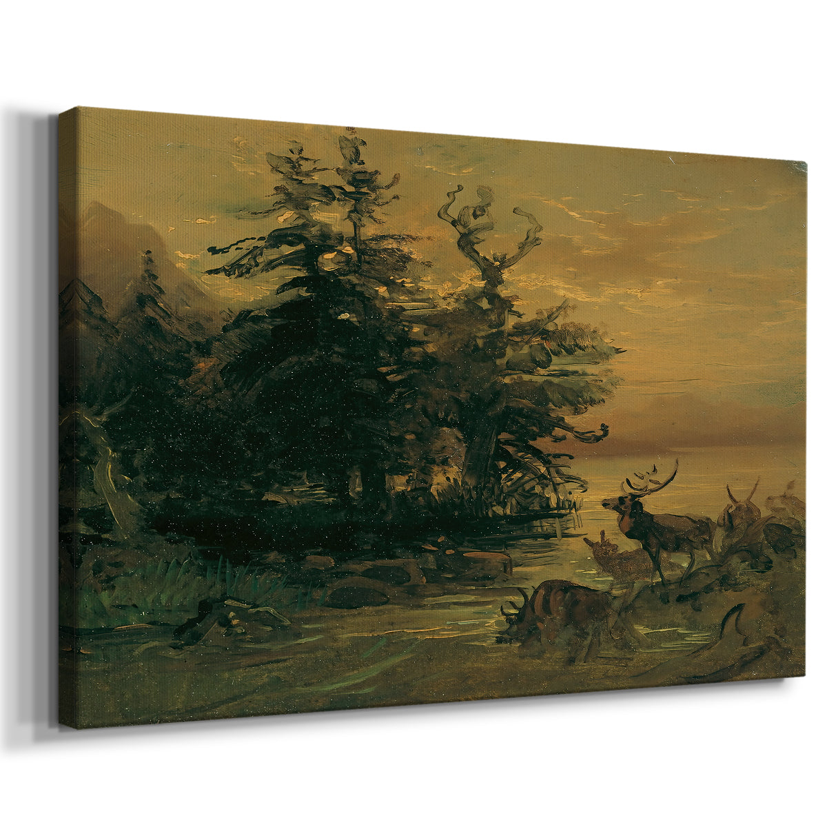 Canvas art print featuring a wildlife scene with animals and water, displayed at an angle