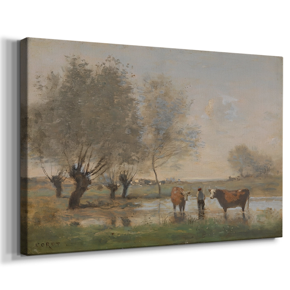 Canvas art print featuring a pastoral scene with livestock in marshy terrain, displayed at an angle