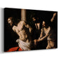 Canvas art print featuring a dramatic religious scene of Christ enduring flagellation in dark interior, displayed at an angle