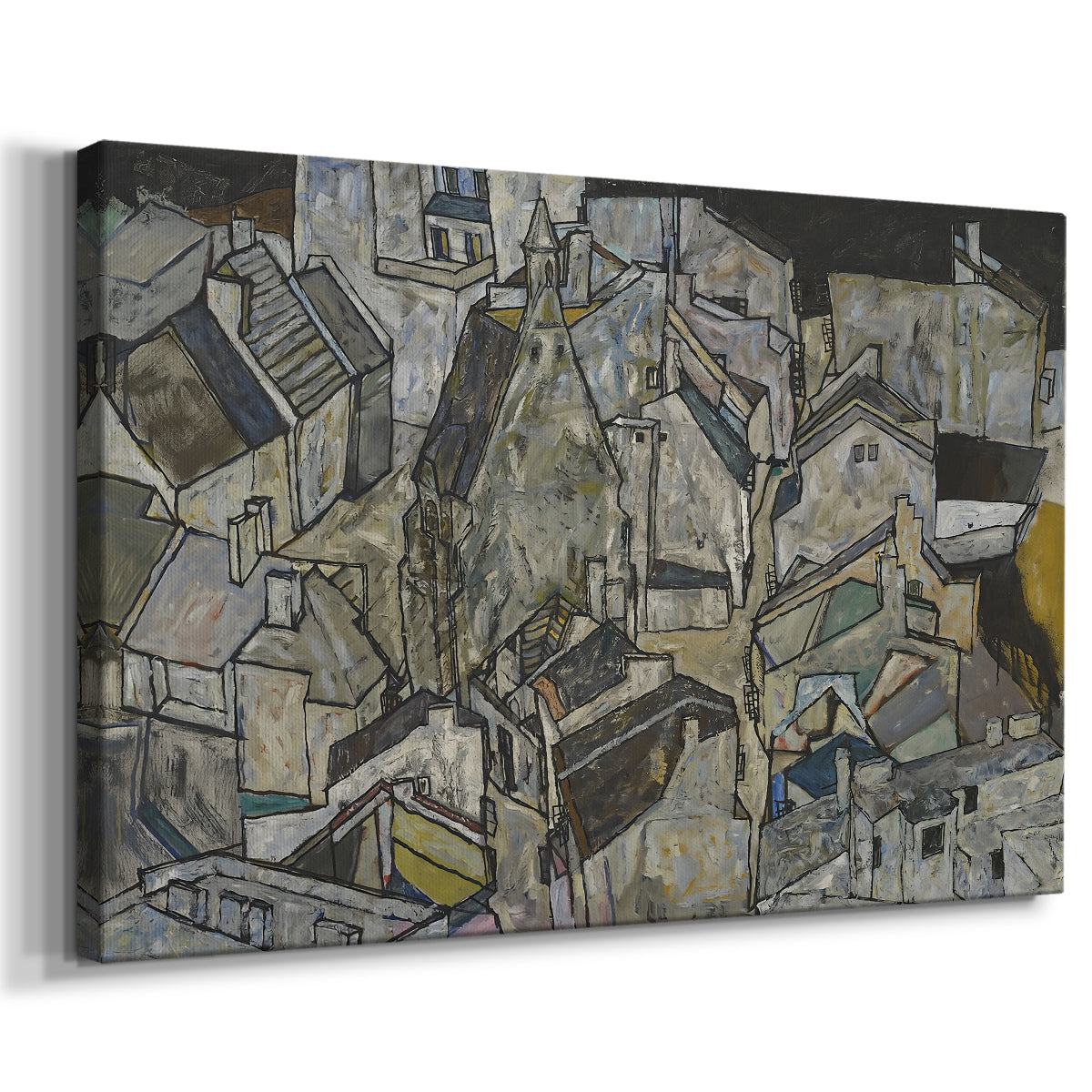 Canvas art print featuring an expressionist cityscape with tightly packed buildings and bold lines, displayed at an angle