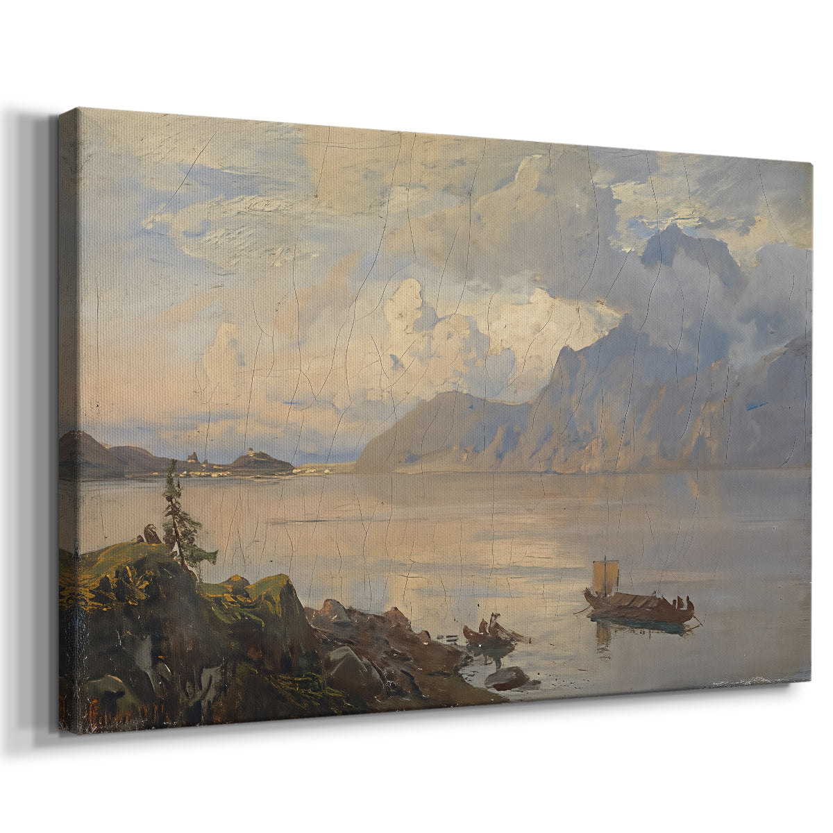 Canvas art print featuring an expansive water scene with distant peaks and soft light, displayed at an angle
