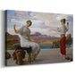 Canvas art print featuring two women engaged in textile work with draped garments, displayed at an angle