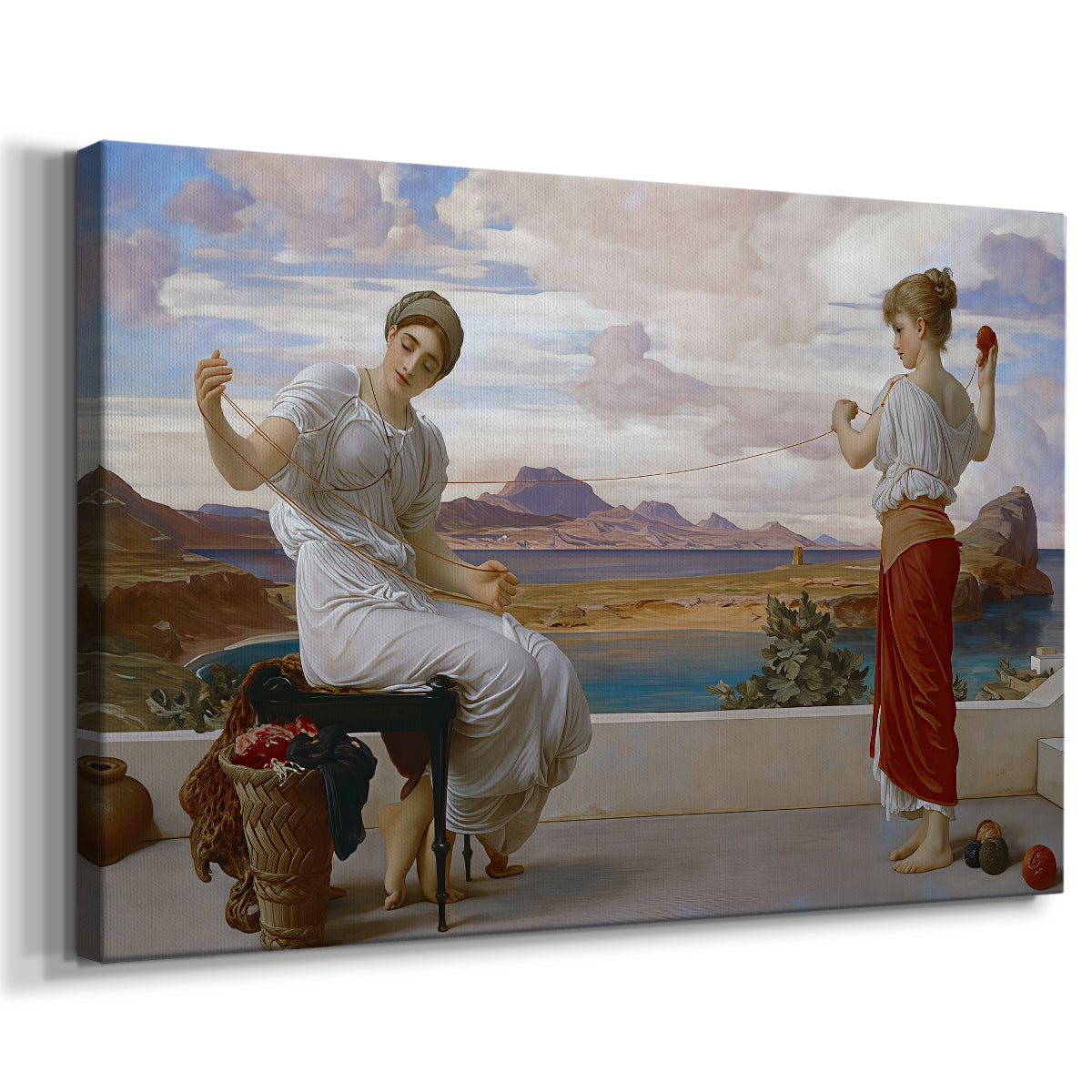 Canvas art print featuring two women engaged in textile work with draped garments, displayed at an angle