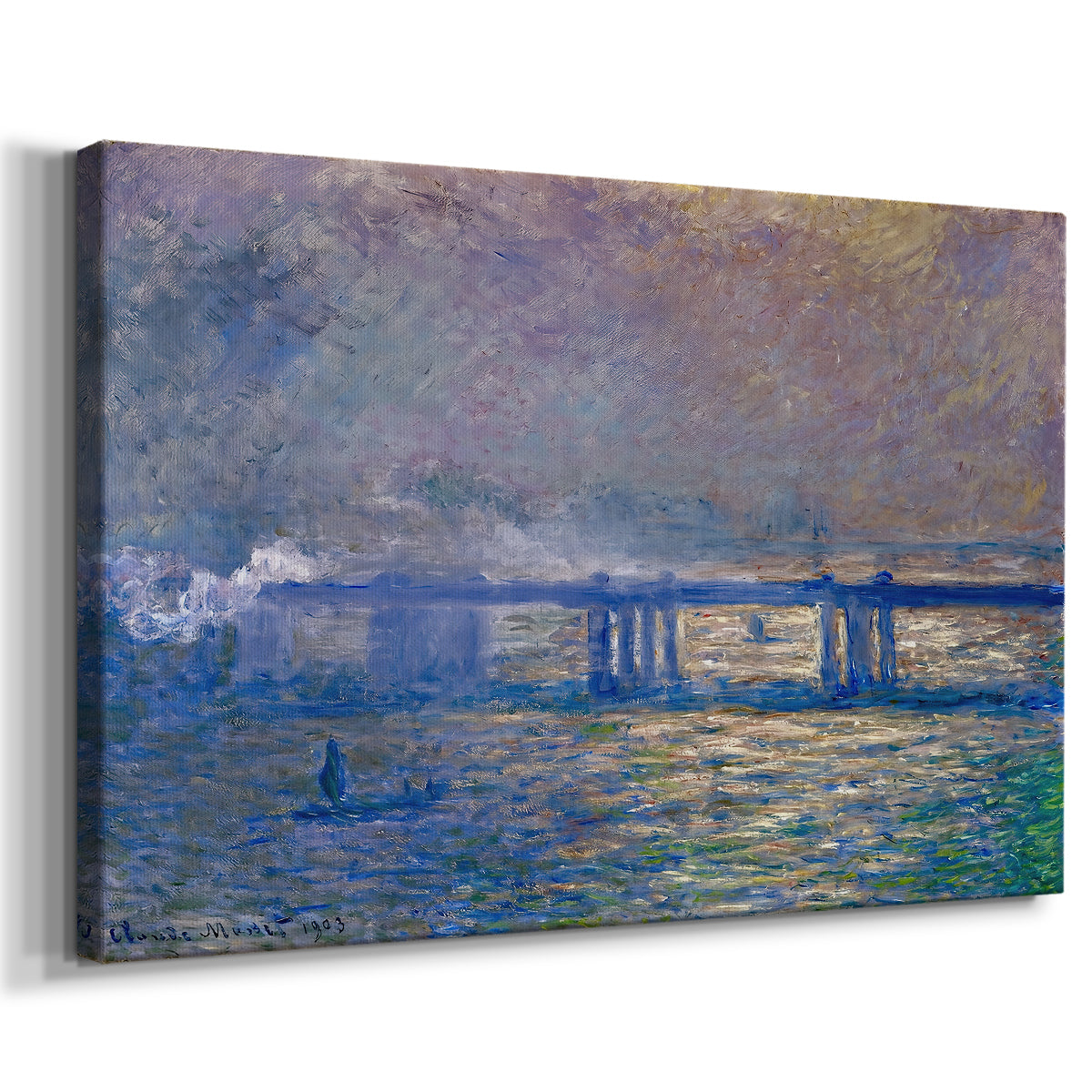 Canvas art print featuring an urban landscape with bridge and water rendered in blurred tones, displayed at an angle