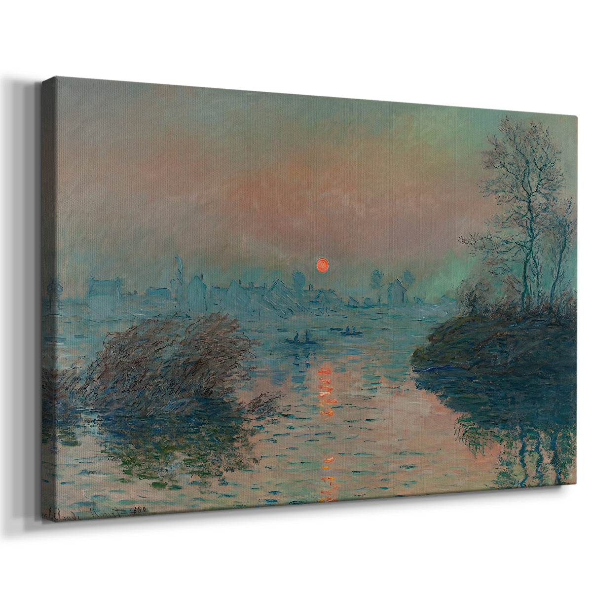Canvas art print featuring a winter scene with warm light reflecting on water at dusk, displayed at an angle