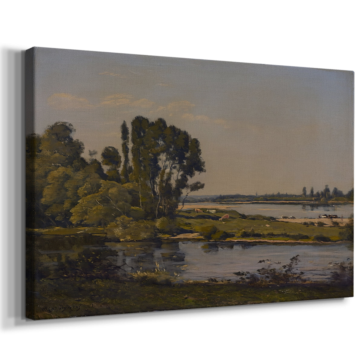Canvas art print featuring a pastoral landscape with water and soft vegetation, displayed at an angle