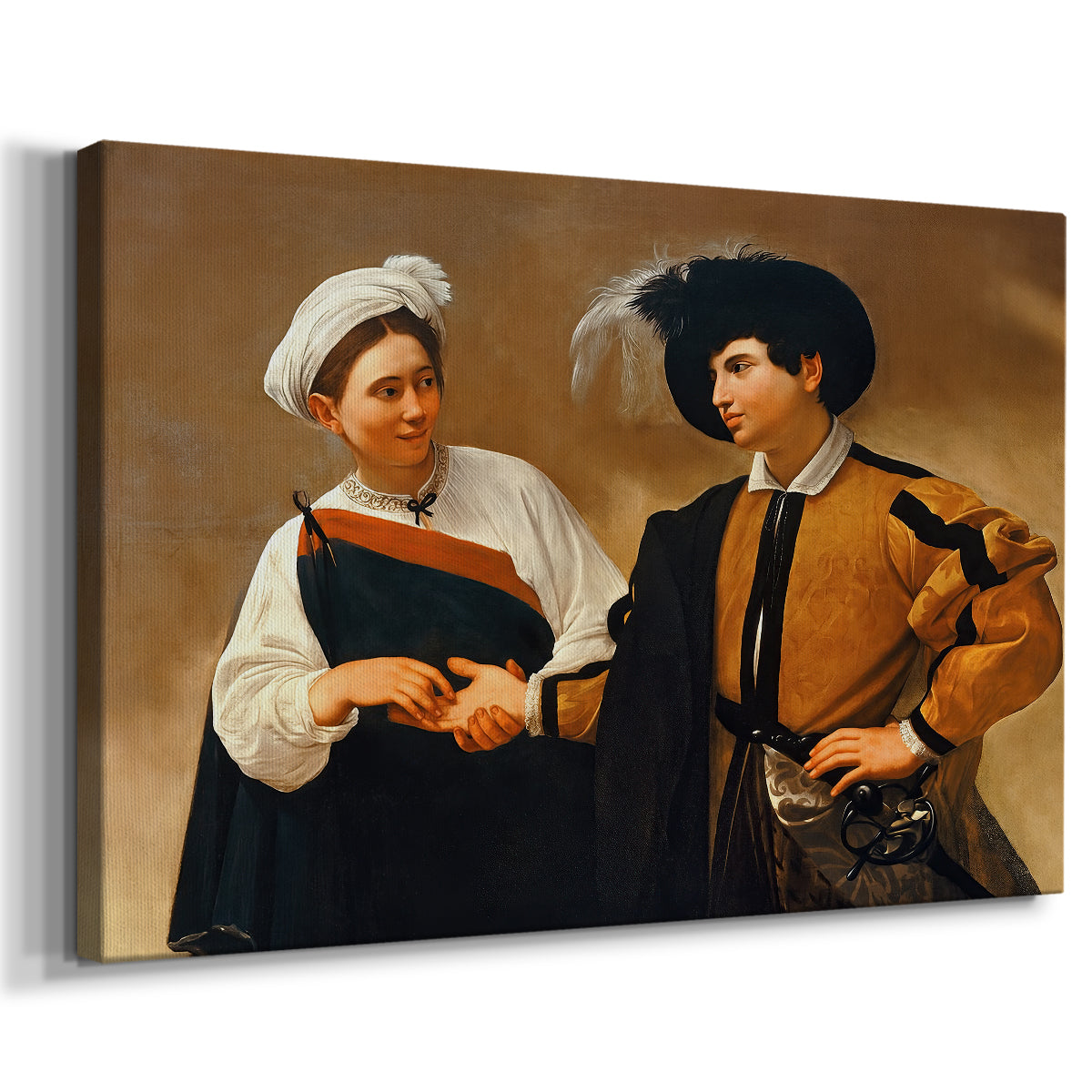 Canvas art print featuring a fortune teller tricking young man during palm reading, displayed at an angle