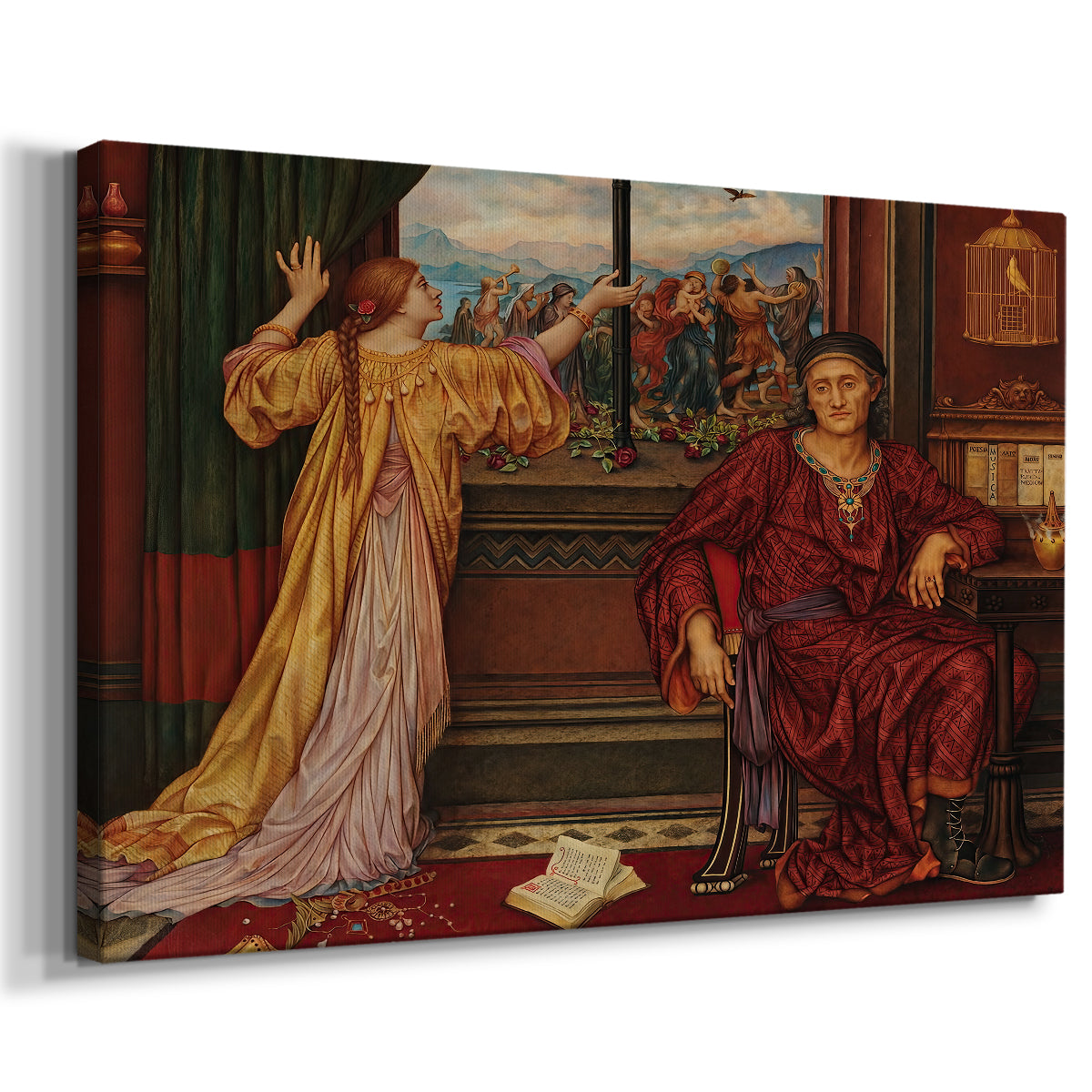 Canvas art print featuring a symbolic scene of figure enclosed within decorative surroundings, displayed at an angle