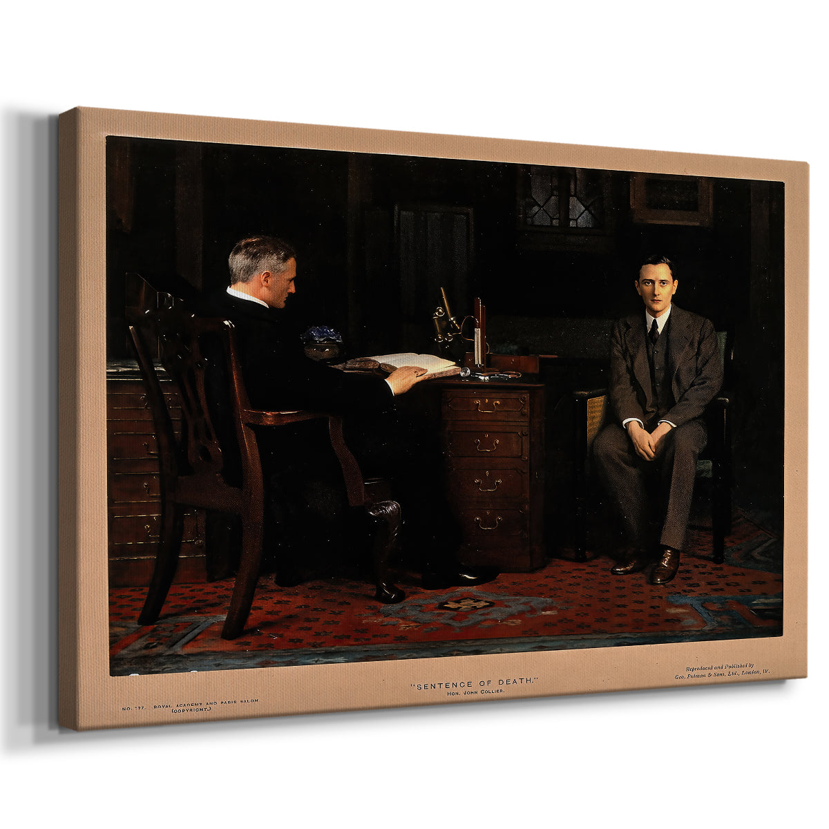 Canvas art print featuring a narrative scene depicting judgment, displayed at an angle