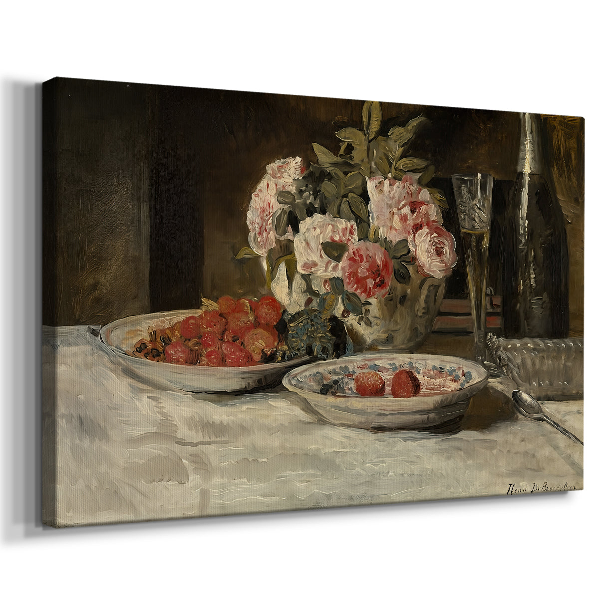Canvas art print featuring a food still life featuring fruit and drink in elegant composition, displayed at an angle